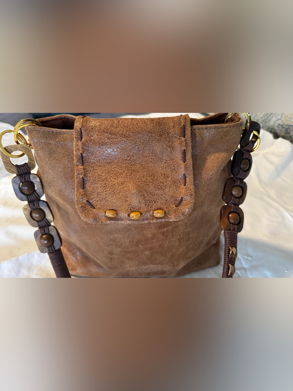 Vintage Liza Lantz Boca Raton Leather Boho Wood Bead Shoulder Bag